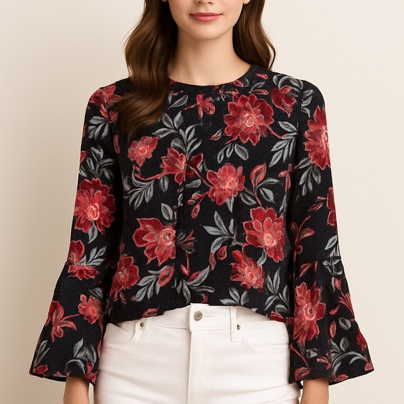 LOFT Tops - LOFT Black Red Floral Long Sleeve Blouse Size L